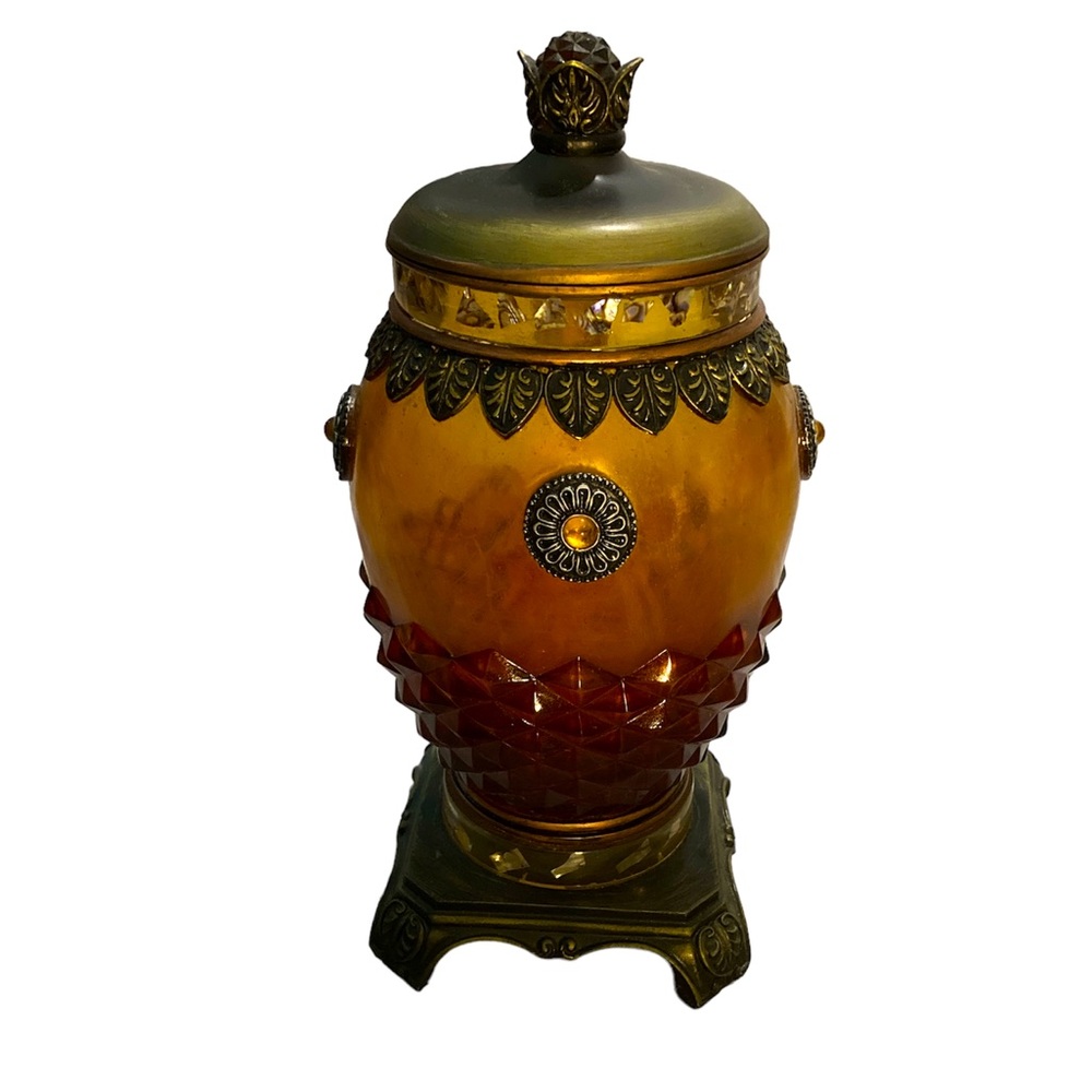 Ceramic Vase with Lid Accent Decor Bejeweled Amber Brown Coloring Versatile